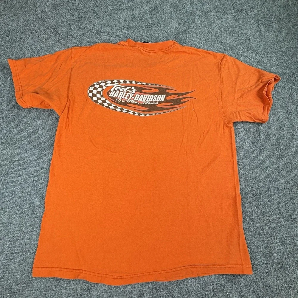 Vintage 90s Y2K Harley Davidson T Shirt L Made In USA Orange Flame R.K. Stratman